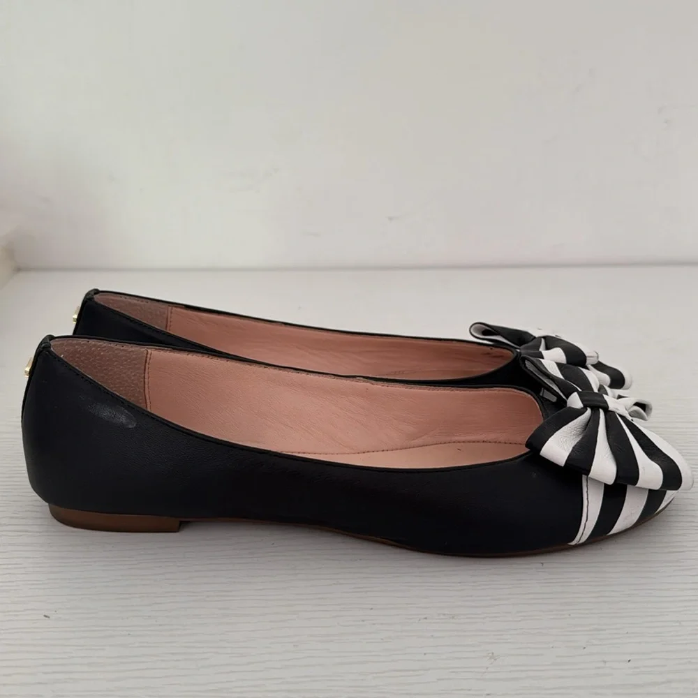Kate Spade Wallace Black & White Striped Bow Round Toe Flats Size 8 - Picture 4 of 10